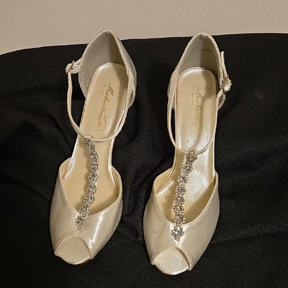 Michelangelo White Satin Heels with Rhinestone Accent